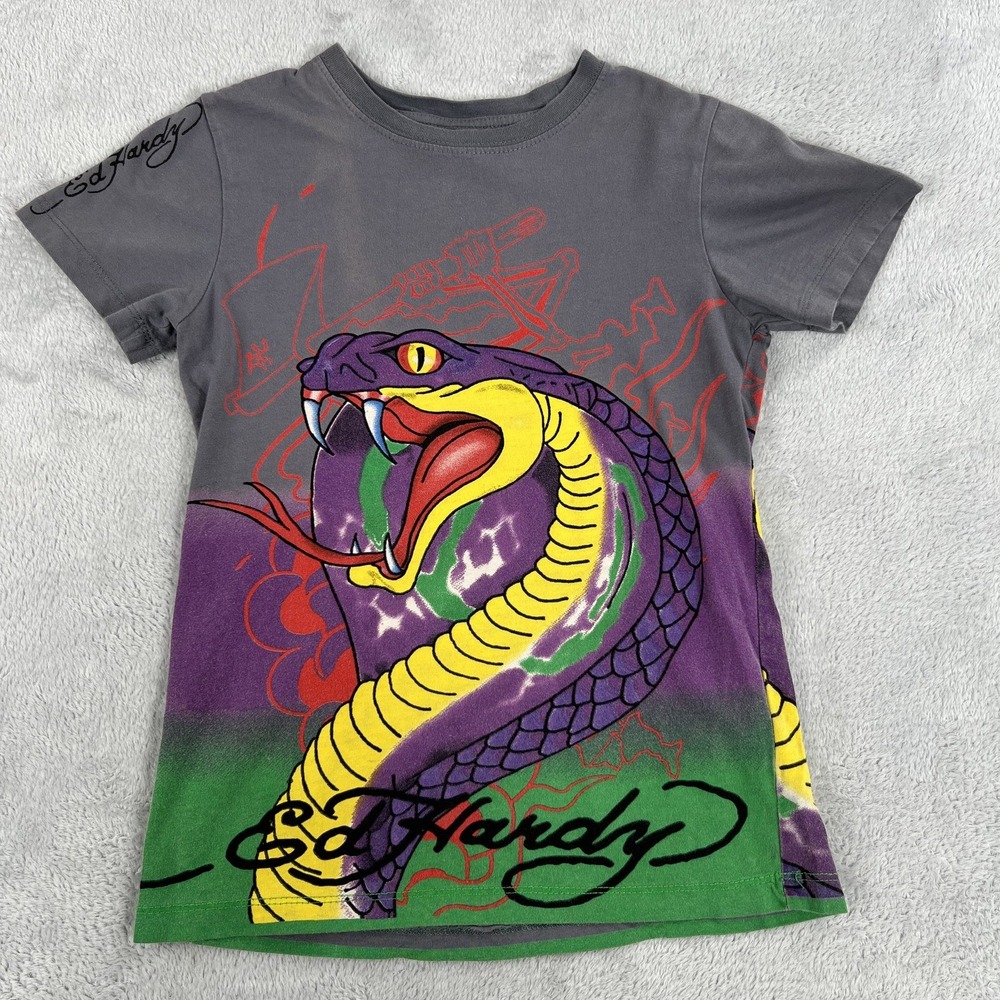 Ed Hardy Kids Cobra Snake Graphic T Shirt Youth M Gray Christian Audigier Y2K